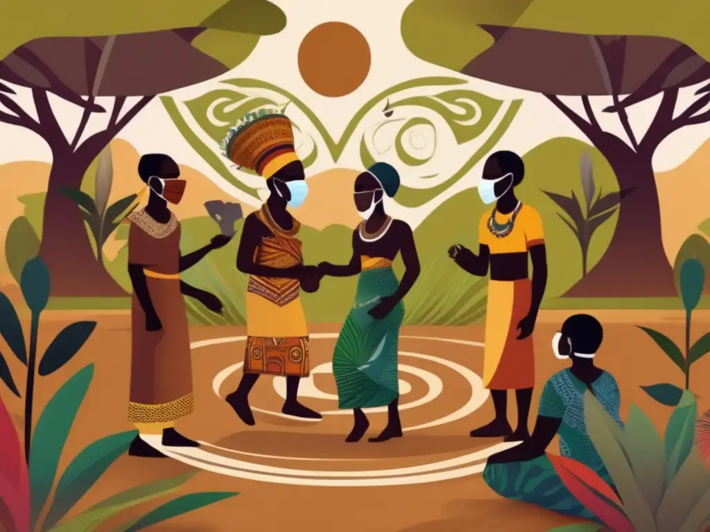 Una ilustración digital vibrante de una ceremonia animista en África Occidental