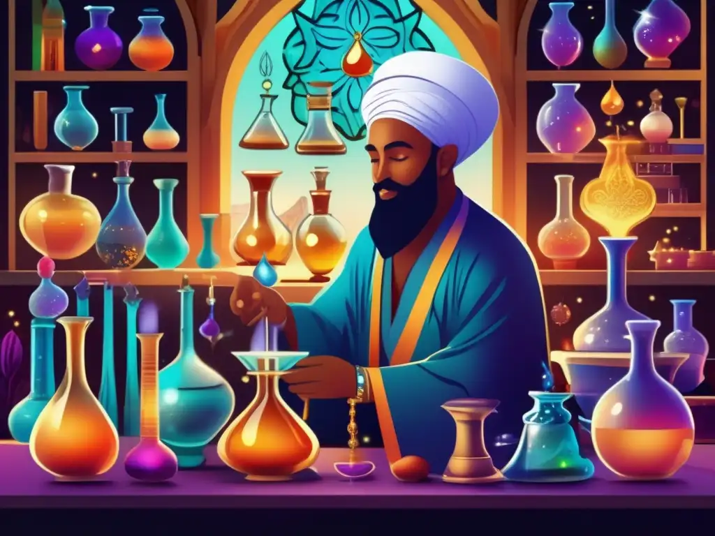 Un ilustración digital vibrante y detallada de Jabir Ibn Hayyan trabajando en su laboratorio de alquimia, rodeado de cristalería intrincada, pociones burbujeantes y símbolos místicos