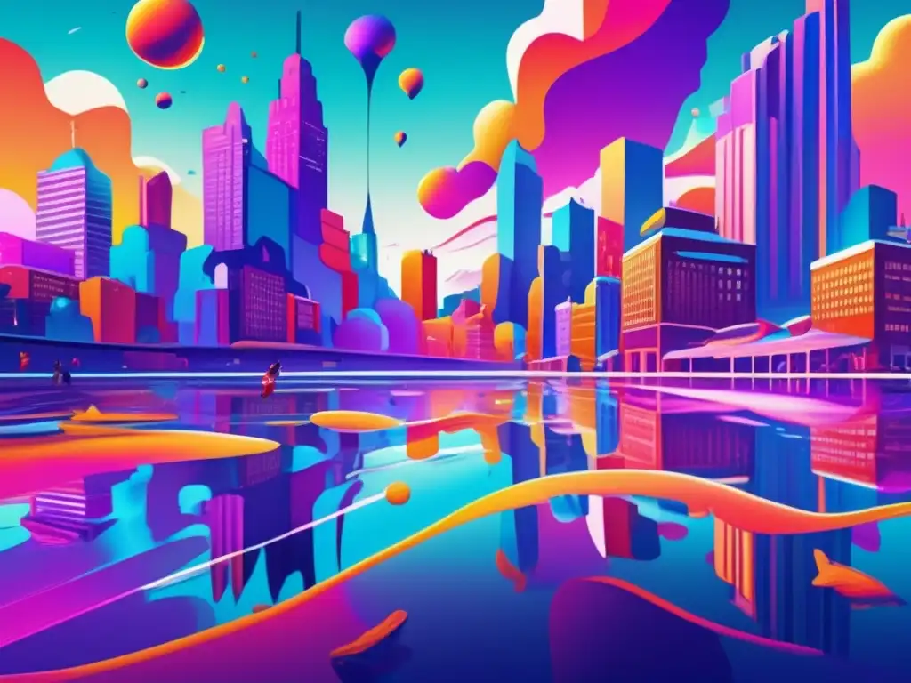 Una ilustración digital vibrante y detallada que muestra un paisaje urbano onírico con edificios derretidos, perspectivas distorsionadas y objetos surrealistas flotando en el cielo