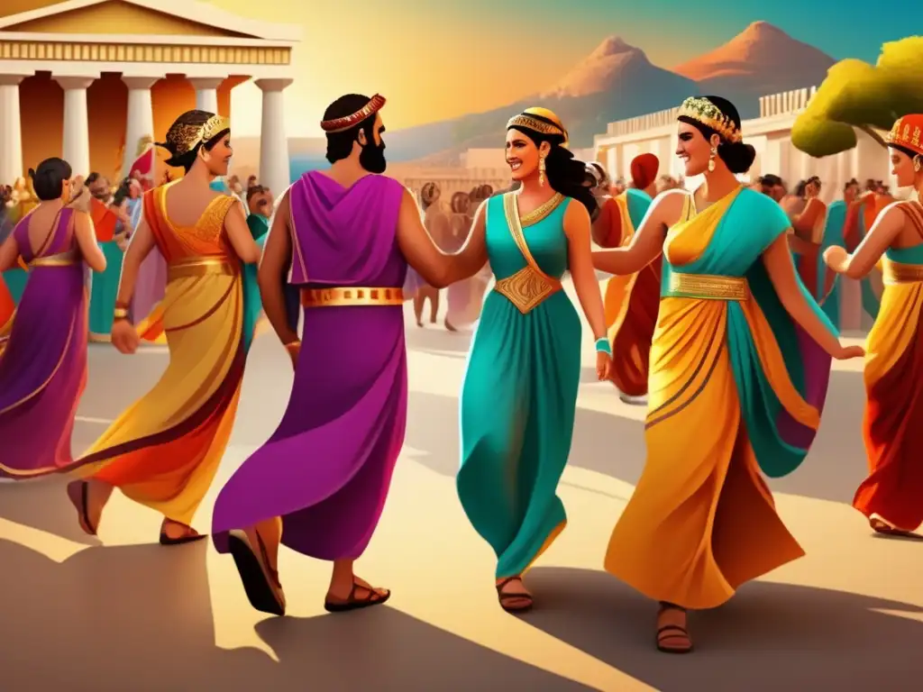 Una ilustración digital vibrante de un gran festival antiguo griego, con gente usando trajes coloridos, bailando y disfrutando de la música tradicional, con templos y estatuas al fondo