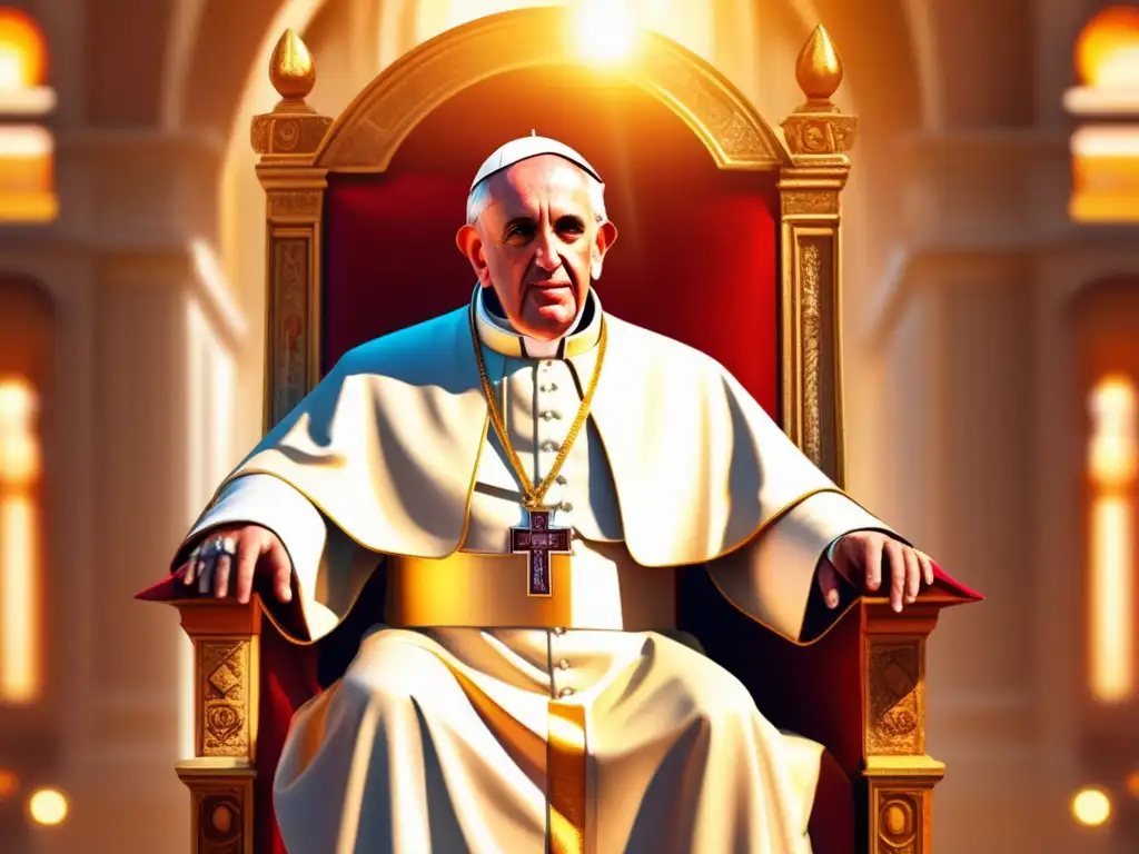 Una ilustración digital vibrante de Papa Gregorio I el Grande, con expresión regia y vestimenta papal tradicional, sentado en un trono majestuoso