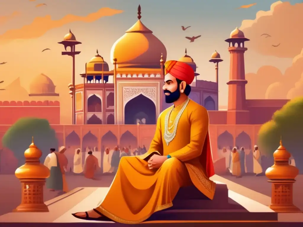 Una ilustración digital vibrante de Akbar el Grande sentado en su trono en el majestuoso Fuerte Rojo de Agra, rodeado de intrincada arquitectura mogol y un bullicioso mercado indio al fondo