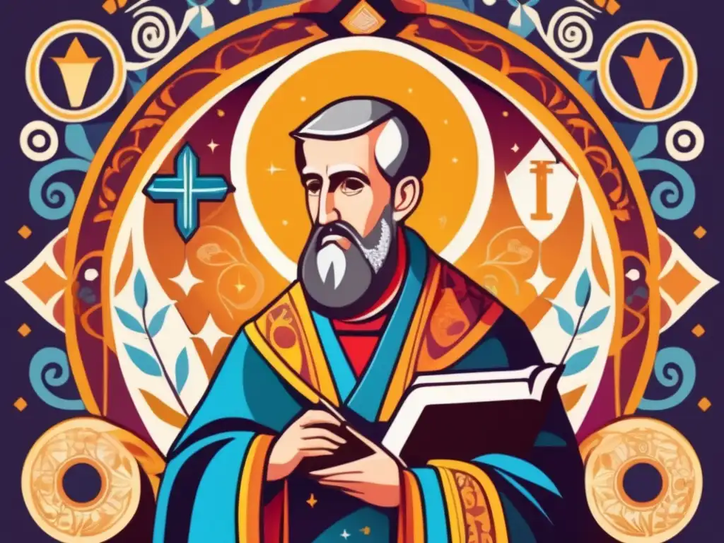 San Agustín en meditación: ilustración digital vibrante y detallada Una ilustración digital vibrante retrata a Agustín de Hipona inmerso en profundos pensamientos, rodeado de símbolos filosóficos y teológicos