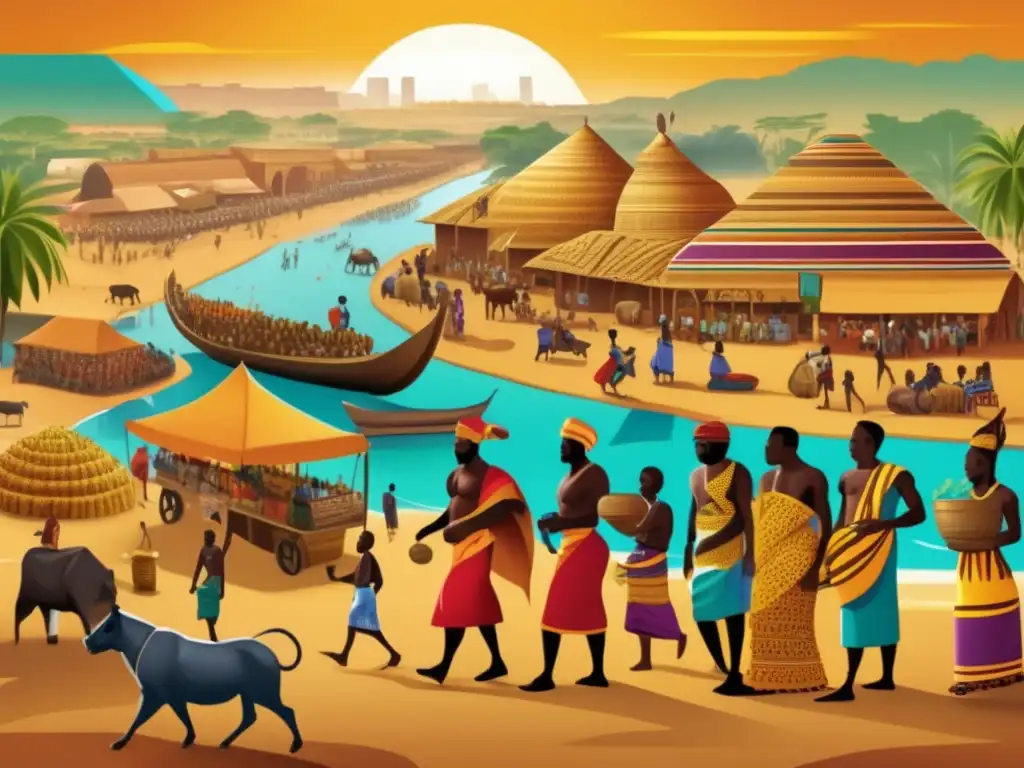 Una ilustración digital vibrante y moderna del antiguo Imperio de Ghana, con escenas de mercado bulliciosas, comercio de oro intrincado y figuras políticas poderosas, todo ello en el telón de fondo del paisaje del Sahel