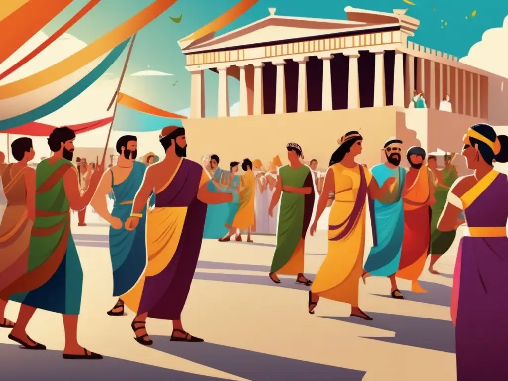 Una ilustración digital vibrante y moderna de un bullicioso festival antiguo griego o romano, con detalles coloridos y actividad festiva