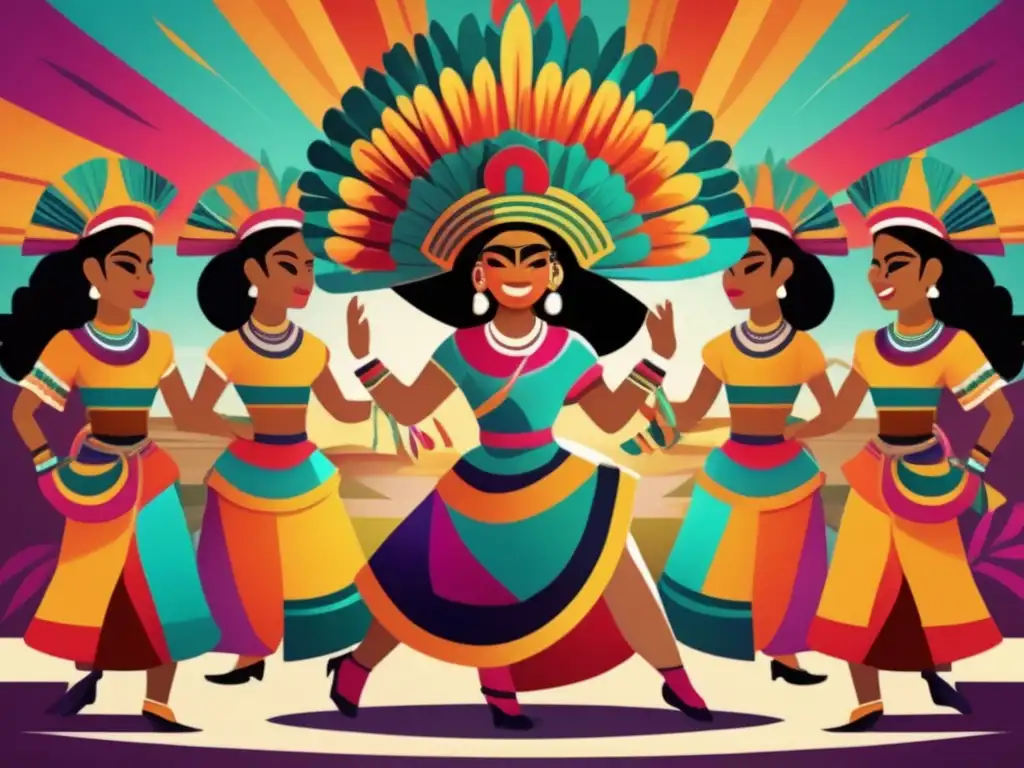 Una ilustración digital vibrante y moderna de una celebración tradicional mesoamericana