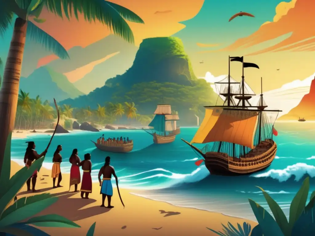 Una ilustración digital vibrante y moderna del Descubrimiento de América por Cristóbal Colón