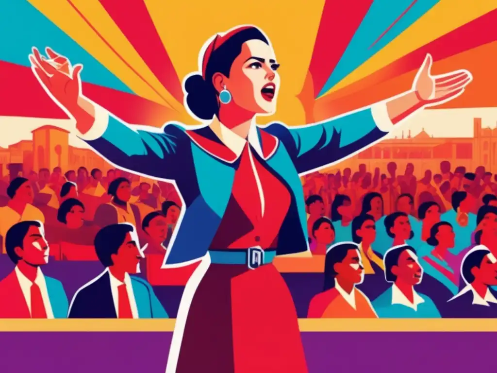 Una ilustración digital vibrante y moderna de Dolores Ibárruri en un discurso apasionado, simbolizando su influencia durante la Guerra Civil Española