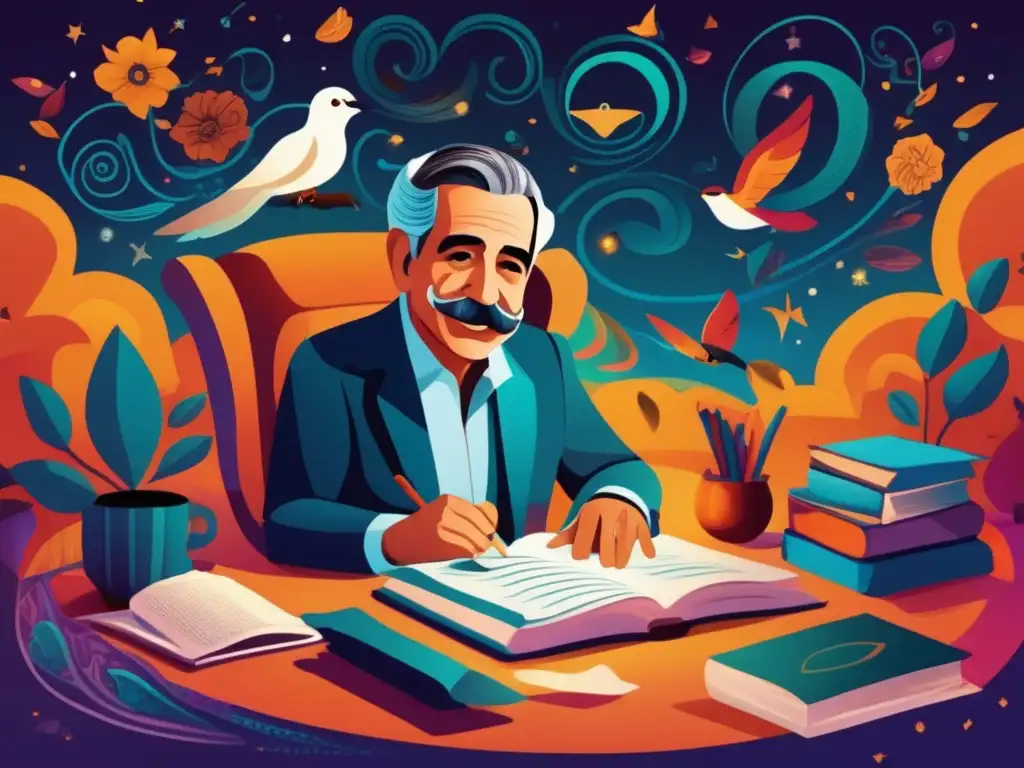 Una ilustración digital vibrante y moderna de Gabriel García Márquez en su escritorio, rodeado de elementos mágicos