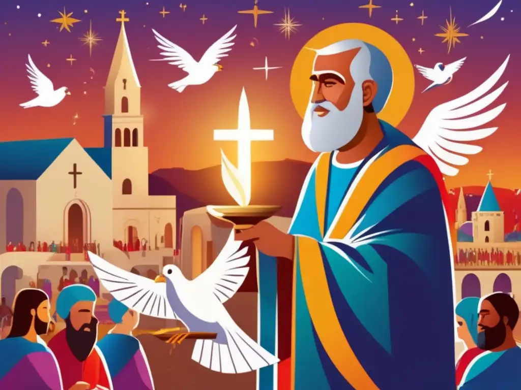 Una ilustración digital vibrante y moderna muestra a Eusebio de Cesarea rodeado de símbolos cristianos tempranos en un ambiente festivo y espiritual