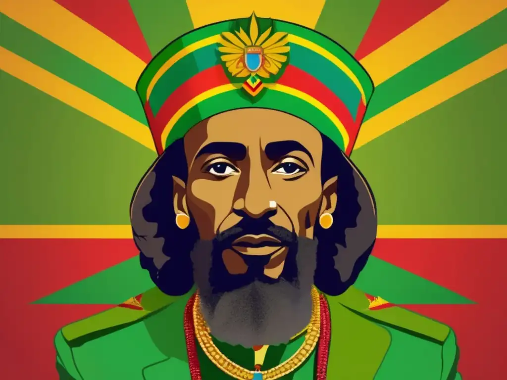 Una ilustración digital vibrante y moderna de Haile Selassie I, con una expresión regia y ataviado con accesorios coloridos y simbólicos