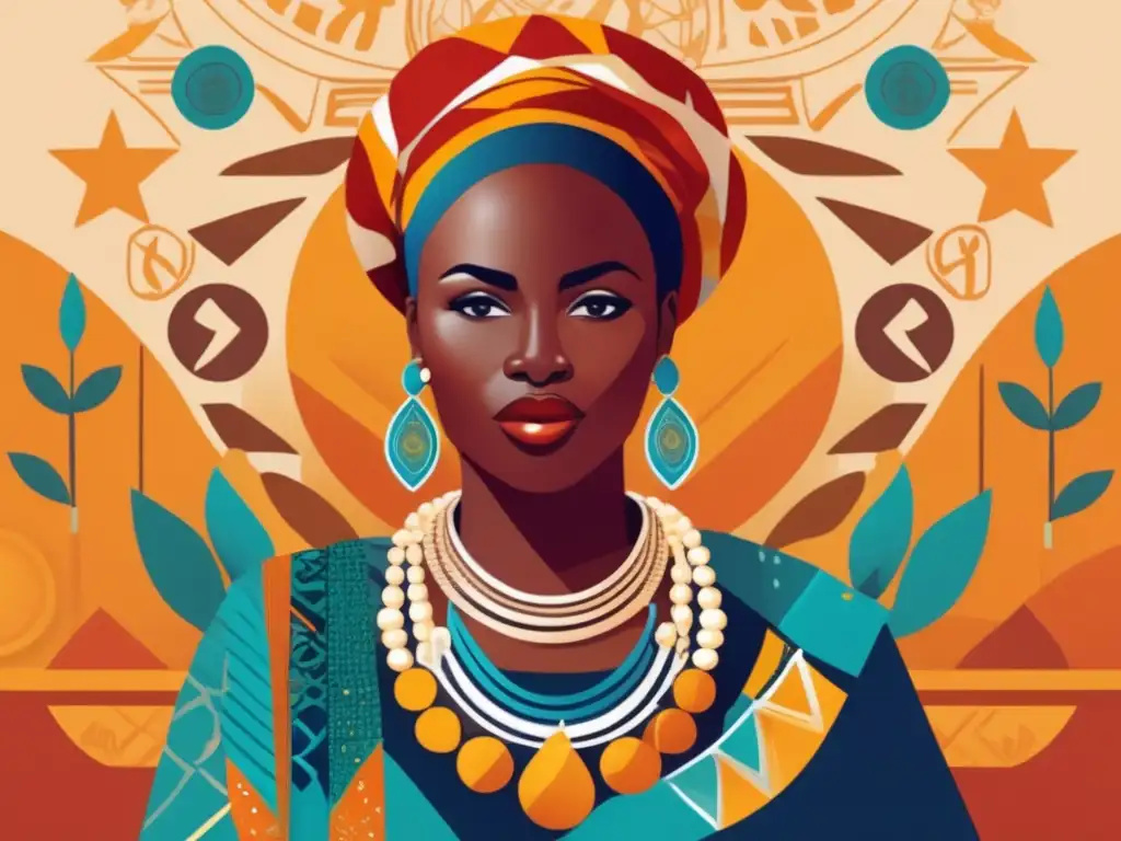 Una ilustración digital vibrante y moderna de Aoua Kéita, figura destacada en la filosofía africana, rodeada de elementos simbólicos que representan su influencia