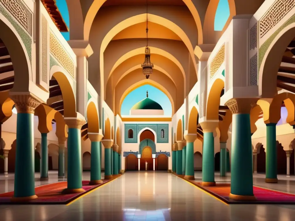 Una ilustración digital vibrante y moderna de la grandiosa Mezquita-Catedral de Córdoba, con detalles arquitectónicos intrincados, influencias islámicas y cristianas, colores vibrantes y una iluminación dinámica que resalta su importancia histórica y cultural