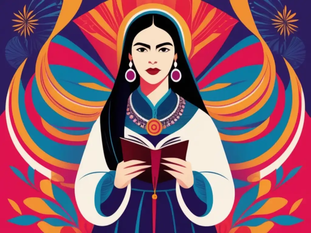 Una ilustración digital vibrante y moderna de Sor Juana Inés de la Cruz desafiando al patriarcado con determinación