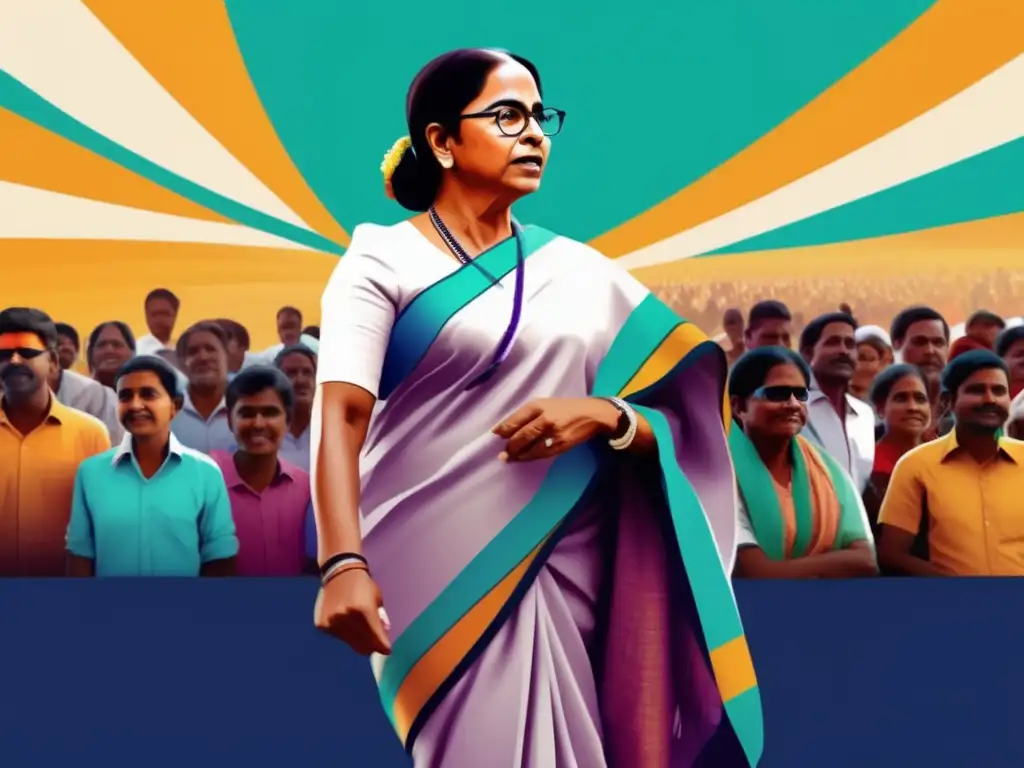 Una ilustración digital vibrante y moderna de Mamata Banerjee, líder empoderada frente a una multitud