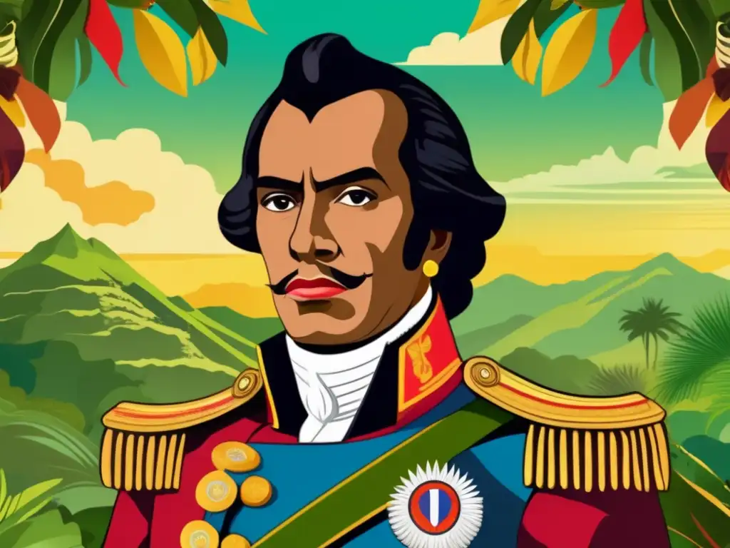 Una ilustración digital vibrante y moderna de Simón Bolívar en medio de exuberantes paisajes sudamericanos