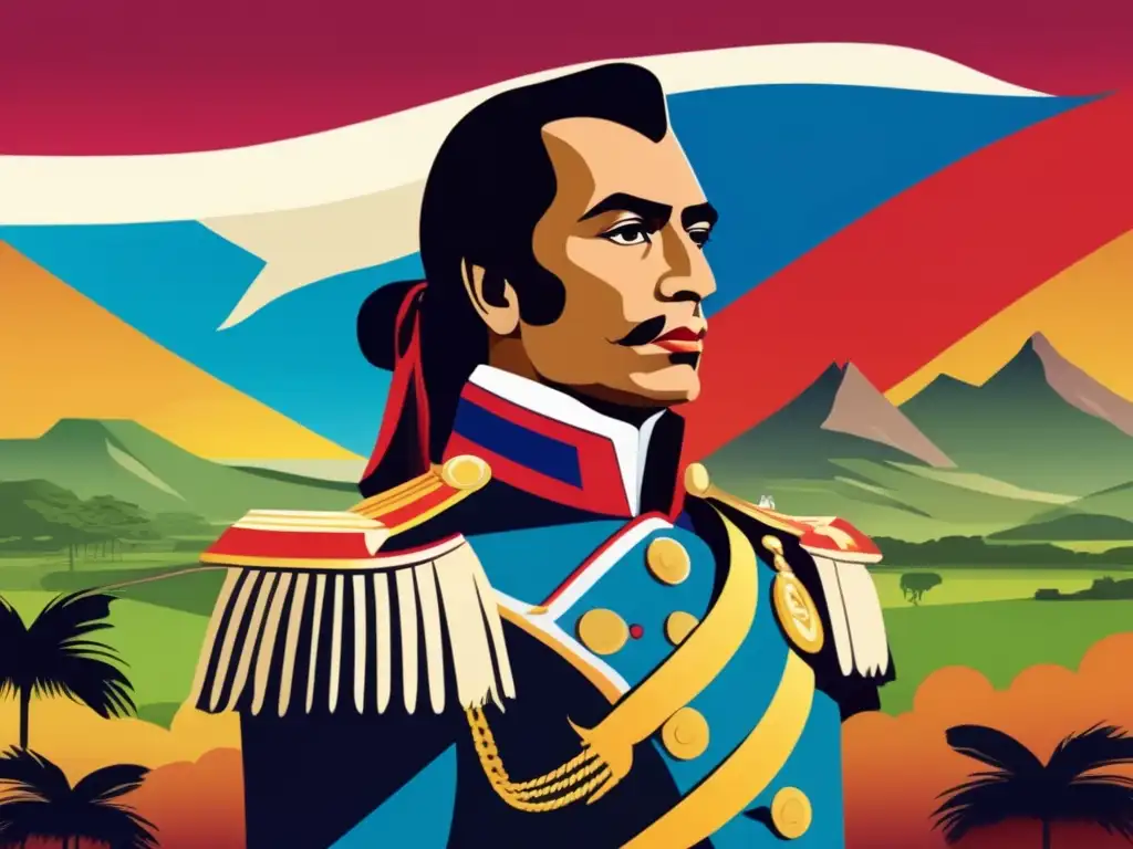 Una ilustración digital vibrante y moderna de Simón Bolívar, con el paisaje sudamericano de fondo