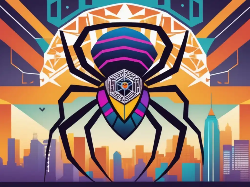 Una ilustración digital vibrante y moderna de Anansi, la araña pícara, con patrones geométricos intrincados y colores llamativos