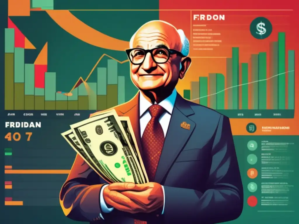 Una ilustración digital vibrante y moderna muestra a Milton Friedman de pie con confianza, rodeado de símbolos de moneda y gráficos económicos