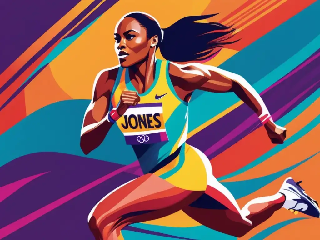 Una ilustración digital vibrante y moderna de Marion Jones en acción en la pista, capturando su fuerza, determinación y atletismo