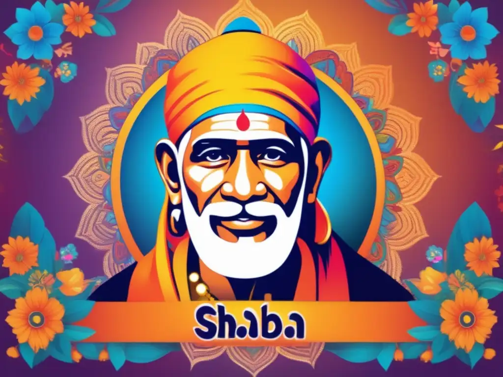 Arte digital de Sai Baba de Shirdi en meditación pacífica Una representación digital vibrante y moderna de Sai Baba de Shirdi en pose meditativa, rodeado de motivos florales que simbolizan la diversidad religiosa