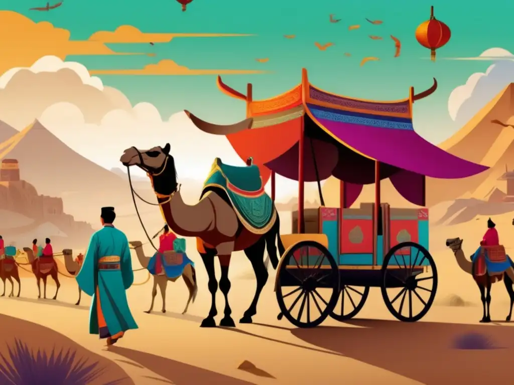 Un ilustración digital vibrante y moderna de Zhang Qian emprendiendo su histórico viaje por las antiguas rutas comerciales de Asia Central, destacando la influencia de Zhang Qian en la Ruta de la Seda