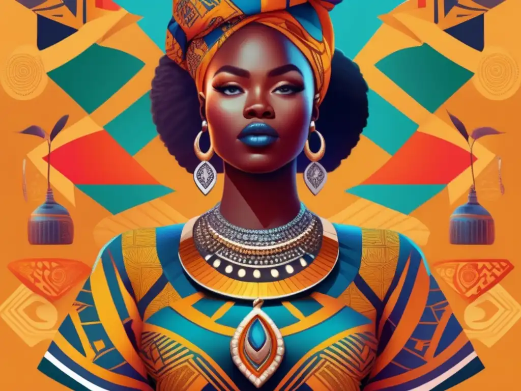 Una ilustración digital vibrante y moderna de Sophie Oluwole rodeada de símbolos y motivos africanos, irradiando sabiduría y empoderamiento