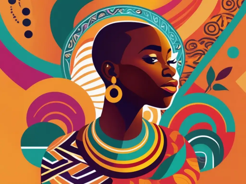Una ilustración digital vibrante y moderna de Birago Diop rodeado de patrones y símbolos que representan las ricas tradiciones de la narrativa africana