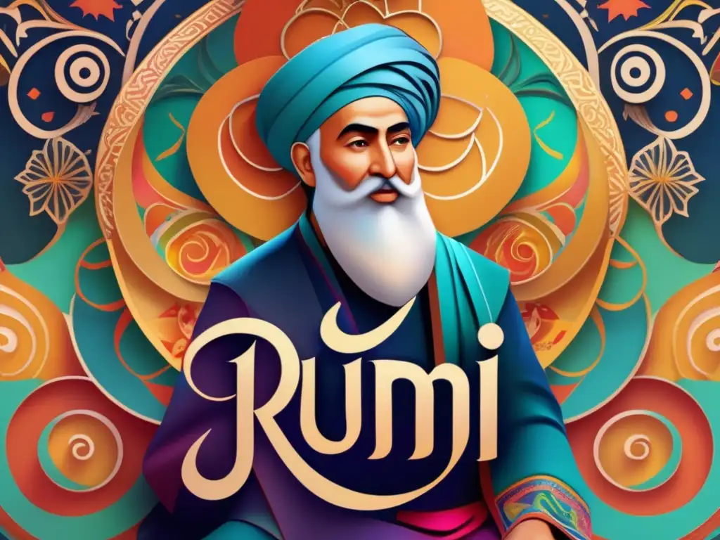 Una ilustración digital vibrante y moderna de Rumi, rodeado de caligrafía y patrones coloridos, capturando su impacto en la actualidad