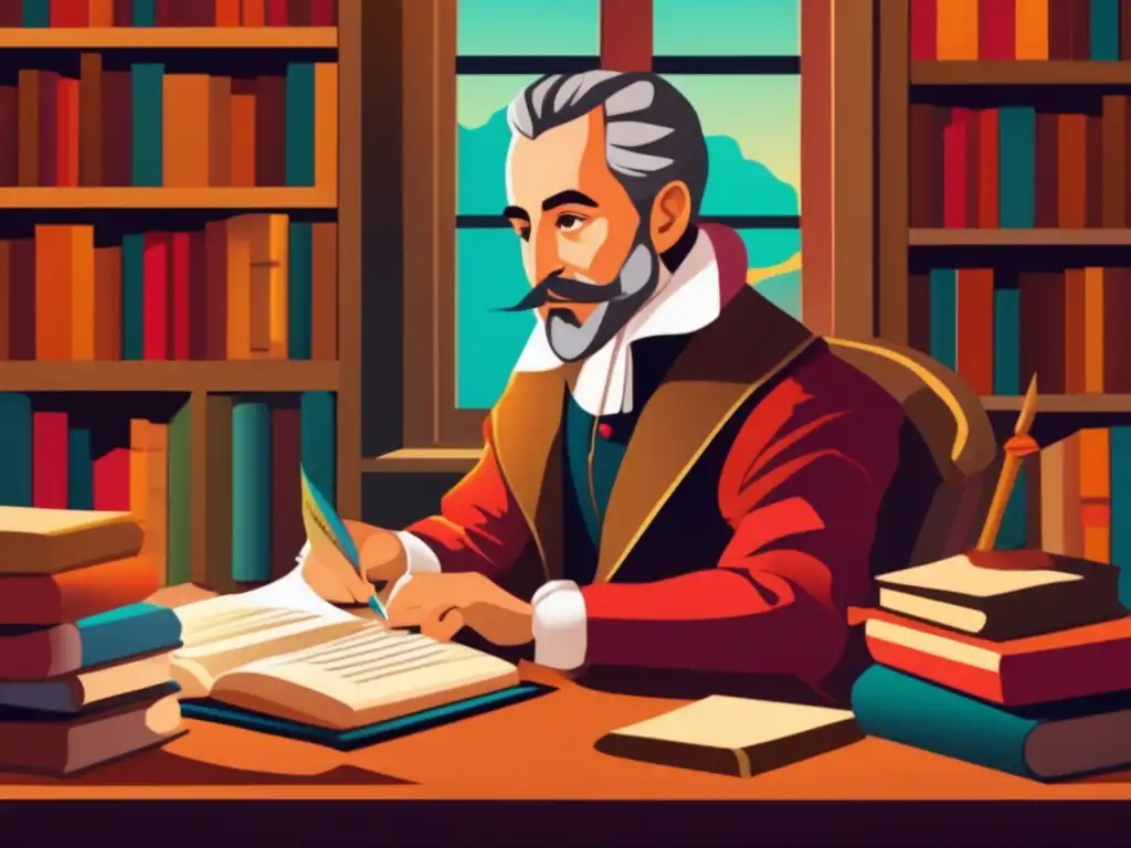 Una ilustración digital vibrante y moderna de Miguel de Cervantes sentado en un escritorio, rodeado de libros y plumas