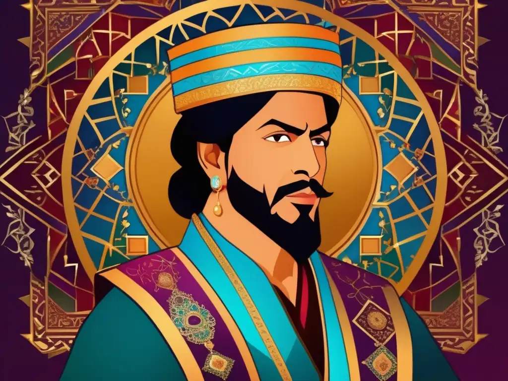 Una ilustración digital vibrante de Shah Rukh, el gobernante timúrido, rodeado de caligrafía persa y patrones geométricos, simbolizando su influencia en la cultura y el arte persa durante el Renacimiento