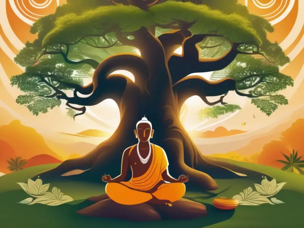 Una ilustración digital vibrante de Shankara Bhagavatpada meditando bajo un árbol baniano, rodeado de energía cósmica y antiguos textos védicos