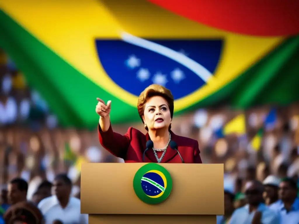 Dilma Rousseff da un discurso apasionado frente a seguidores con la bandera de Brasil de fondo