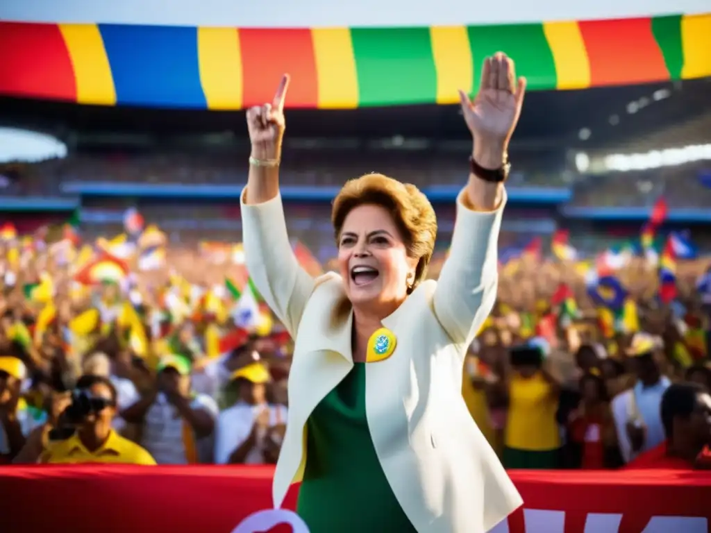 Dilma Rousseff en un escenario, hablando apasionadamente a sus seguidores durante su campaña política