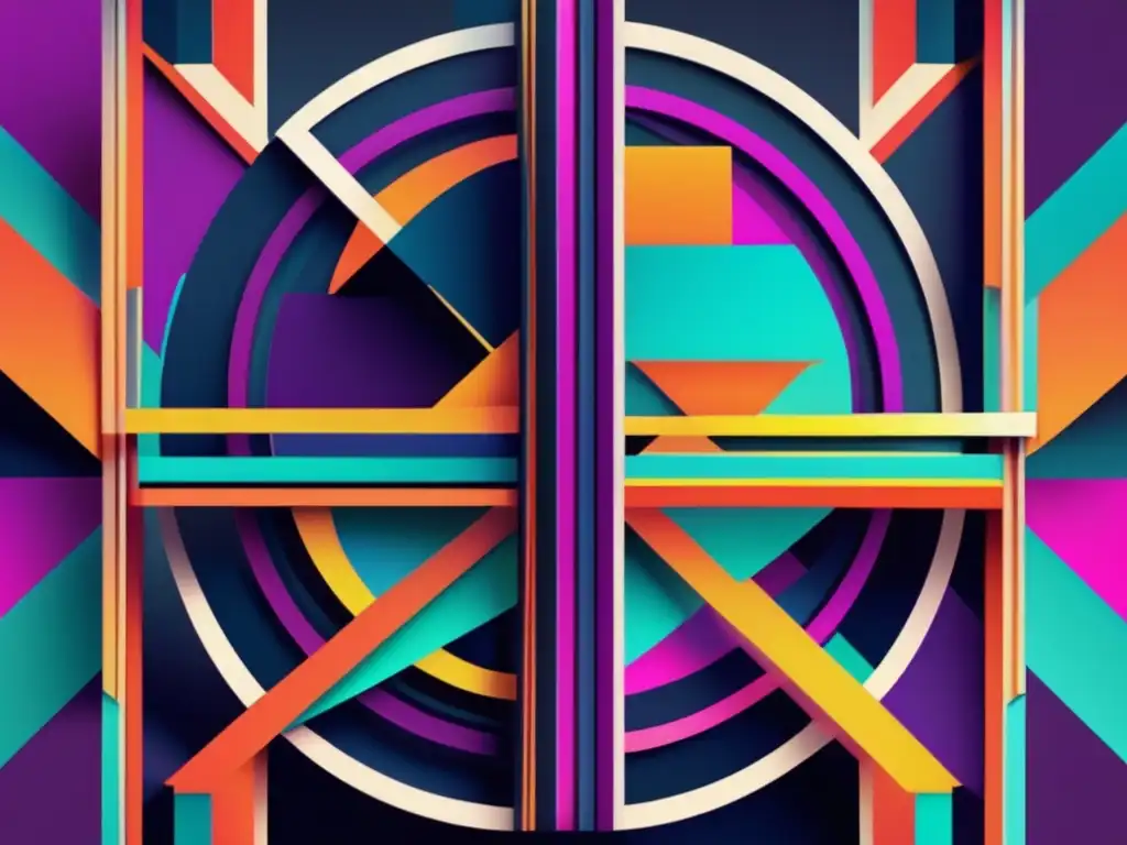 Un dinámico y vibrante arte digital abstracto, con formas geométricas en colores contrastantes y patrones que evocan energía y movimiento, capturando la influencia del pensamiento filosófico Mamardashvili