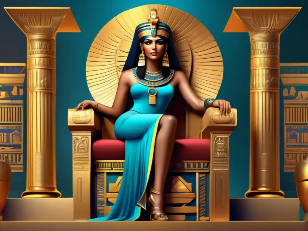 Cleopatra VII, de la Dinastía Ptolemaica en Egipto, reina con majestuosidad en su corte antiguo, rodeada de lujo y misterio