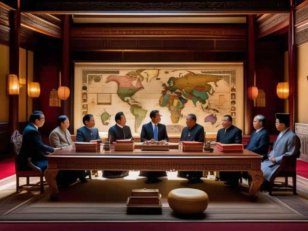 Embajadores en mesa de negociaciones históricas Diplomáticos de diferentes países discuten tratados internacionales en una opulenta cámara diplomática