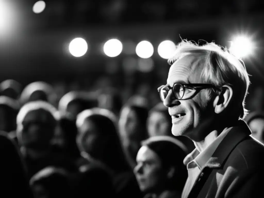 Ken Loach, director de cine, observa con concentración una película en un teatro lleno, donde el público refleja emociones variadas