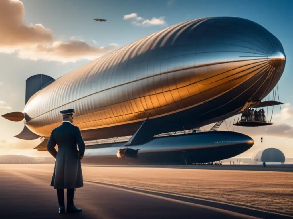 Ferdinand von Zeppelin, inventor del dirigible, posa orgulloso junto a su icónica creación, desafiando el cielo azul con determinación pionera