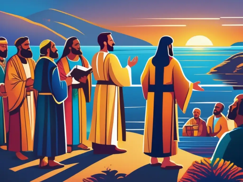 Simón Pedro y discípulos escuchando a Jesús en ilustración digital