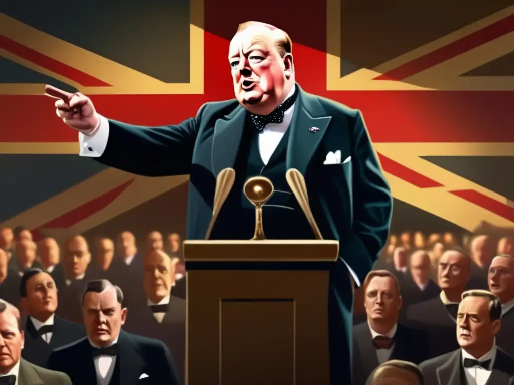 Winston Churchill pronuncia un discurso apasionado, con una audiencia cautivada