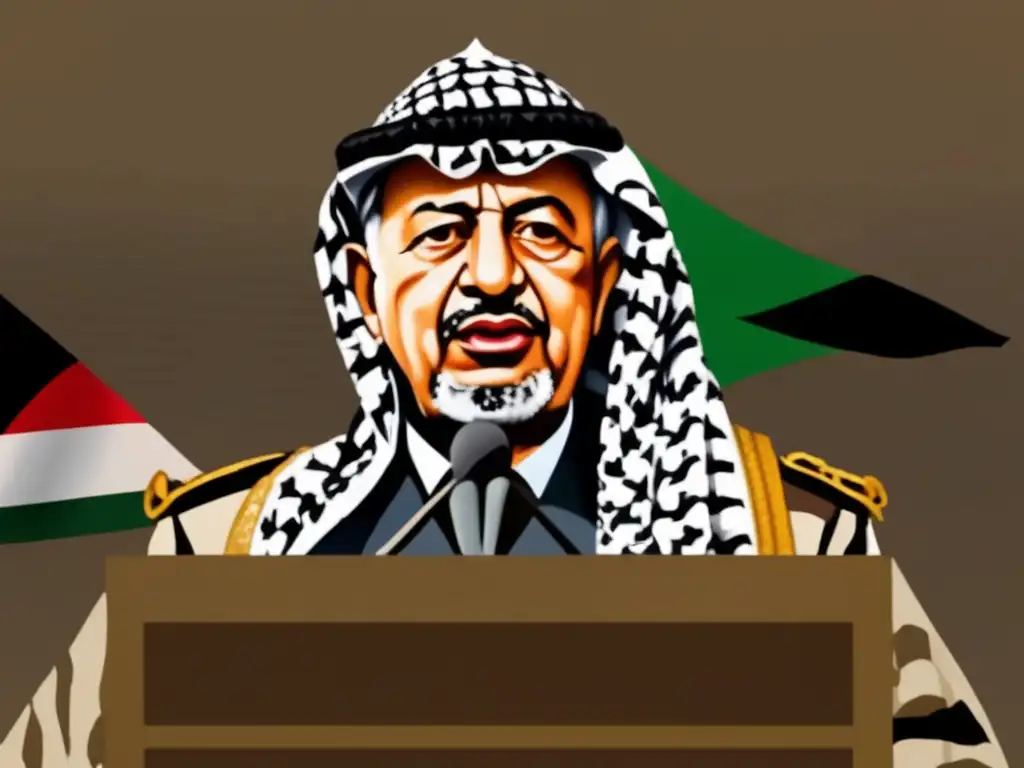 Yasser Arafat en un discurso apasionado, con la bandera palestina de fondo