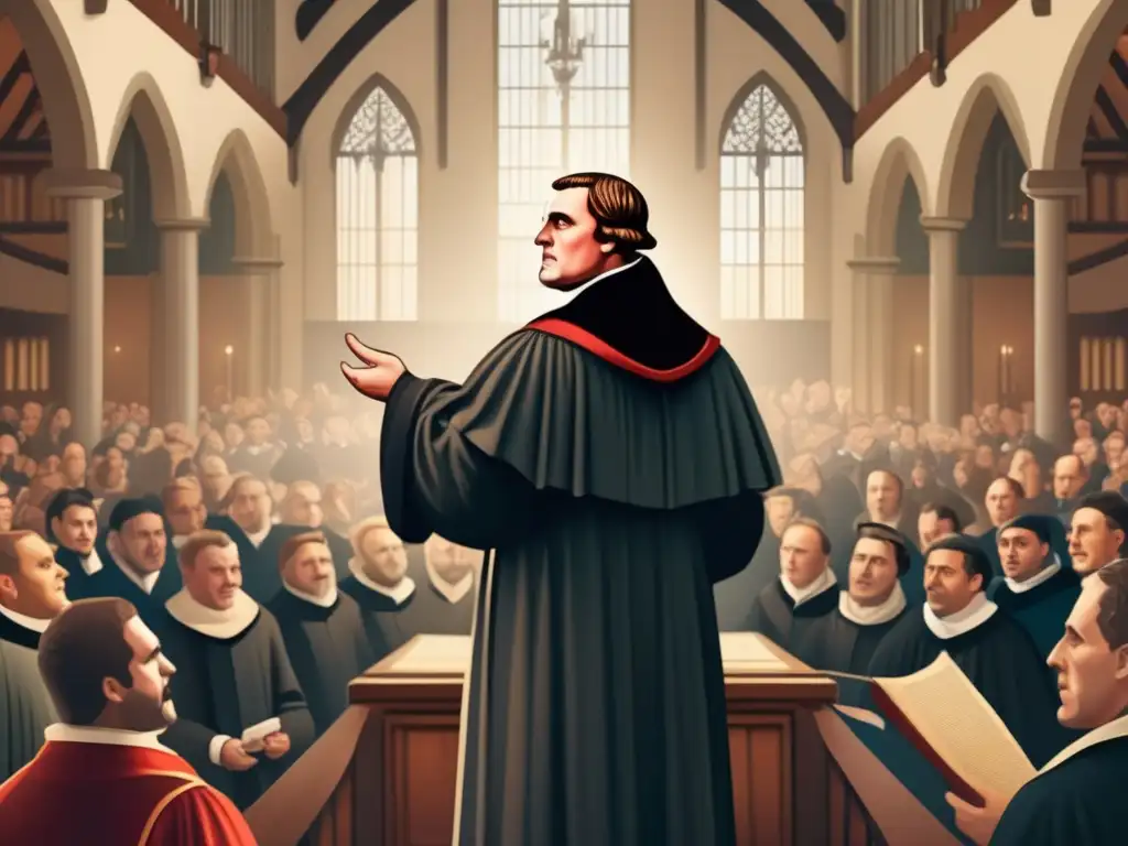 Martin Lutero desafiando al poder: ilustración digital vibrante y detallada Martín Lutero pronuncia un discurso apasionado frente a una multitud variada en un gran salón, simbolizando el impacto político de sus ideas en Europa