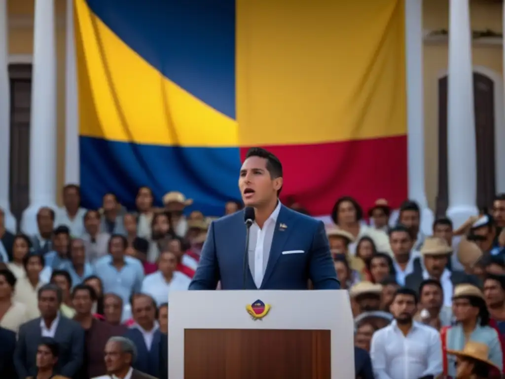 Belisario Betancur pronuncia un discurso apasionado ante una multitud en Colombia, con la bandera nacional detrás