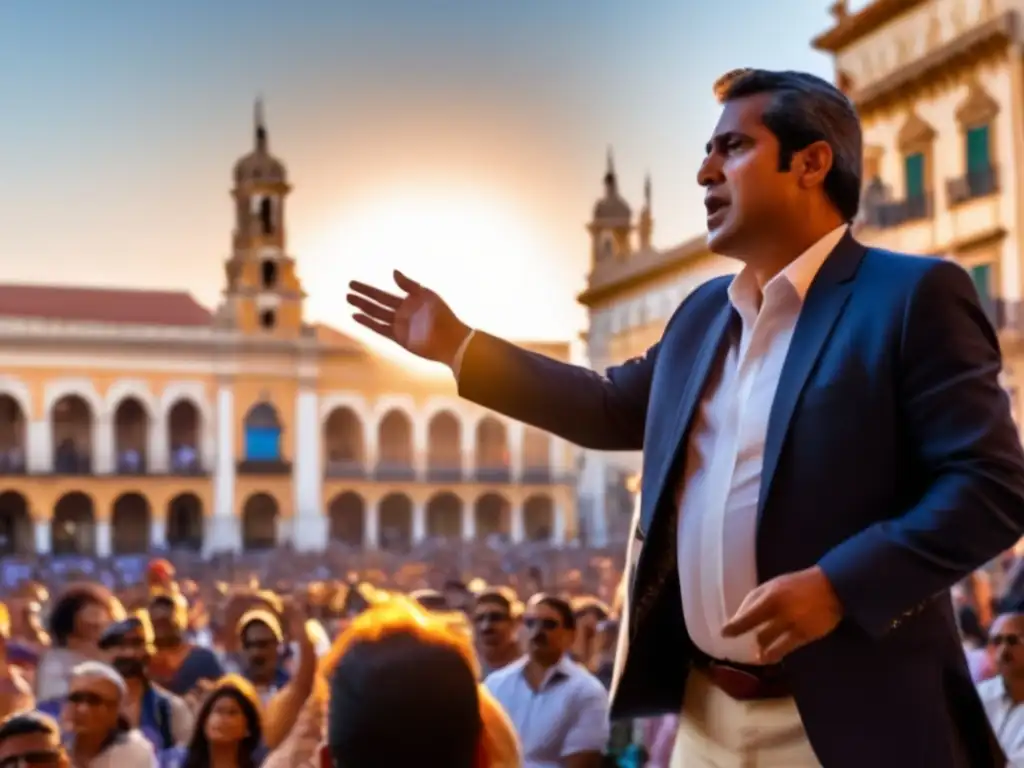 Pedro Aguirre Cerda pronuncia un discurso apasionado ante una multitud en una plaza histórica de Chile, con determinación en sus ojos