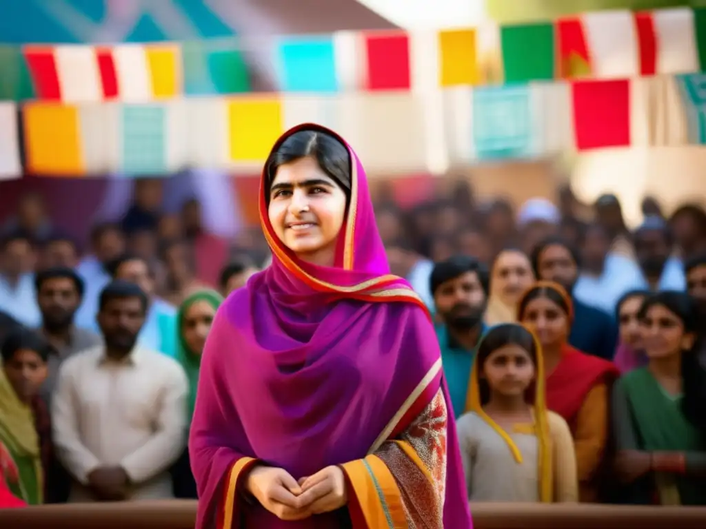 Malala Yousafzai pronuncia un discurso apasionado, rodeada de una multitud colorida, simbolizando su compromiso con la justicia y la igualdad