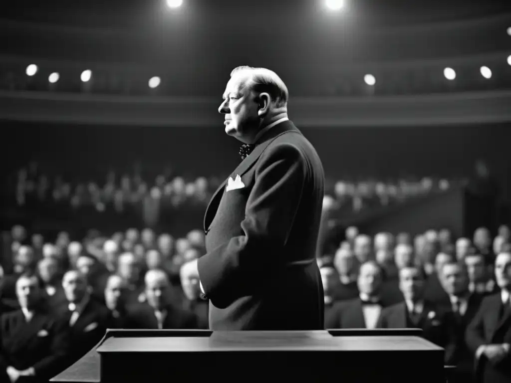 Winston Churchill pronuncia un discurso apasionado durante la Segunda Guerra Mundial, con una mirada intensa y determinada