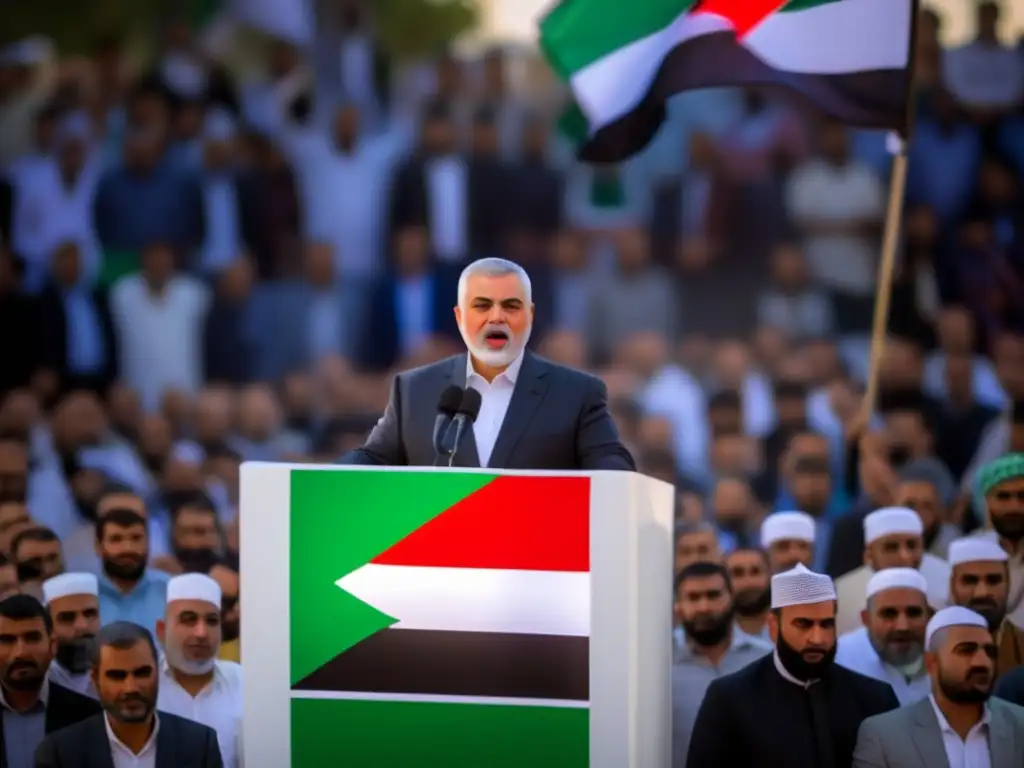 Ismail Haniyeh muestra su visión para Palestina, liderando con determinación y pasión en un discurso con la bandera palestina de fondo