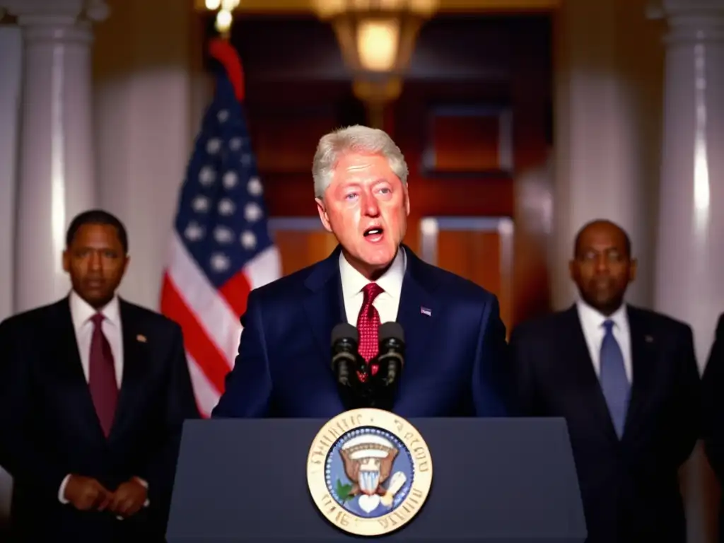 Aparece Bill Clinton entregando un discurso en la Casa Blanca, rodeado de su administración, con expresión seria y determinada