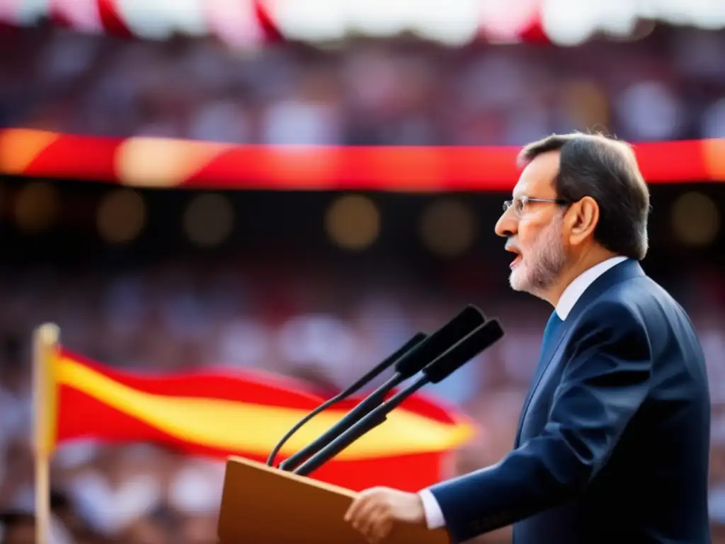 Mariano Rajoy pronuncia un discurso sobre estrategia económica, con la bandera española de fondo y una multitud en primer plano